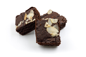 brownie chocolate cake with almond chip. dark choco crisp cracker delicious sweet dessert isolated on white background high detail food photo