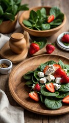 spinach with strawberries and goat cheese salad served aesthetically in wooden plate