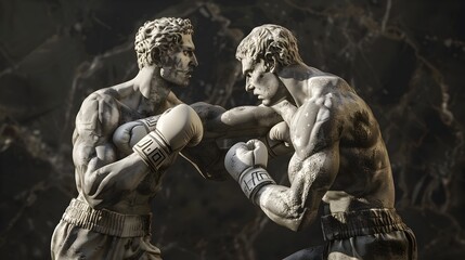 Two Remastered Monochrome Sculptures Depicting Ancient Greek Boxing Athletes in Combat