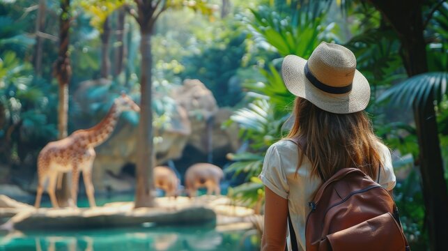 Casual tourist woman marveling at exotic wildlife during an adventure trip