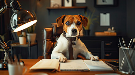 Family dog in office setting, suited up, managing paperwork behind boss desk. Humorous pet-friendly workplace scene.