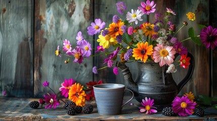 Arrangement of vibrant flowers in aged coffee pot and cup with blackberries on rustic backdrop vertical image