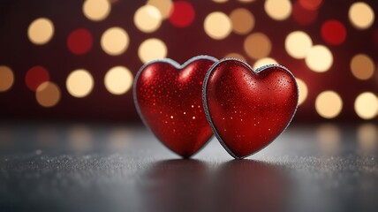 Obraz premium Two red hearts illuminated against a Bokeh light background. Copy space. Valentine, wedding background. Generative Ai.