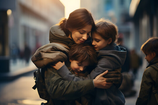 Mother woman girl military soldier in army uniform hugging children son daughters. - Powered by Adobe