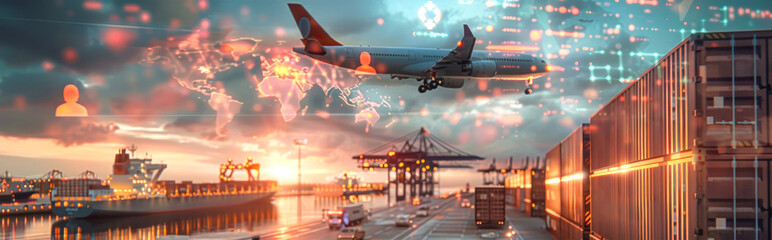 A plane flies over a bustling port, with cargo containers stacked high and a ship in the background. The image depicts global trade and the interconnectedness of the world