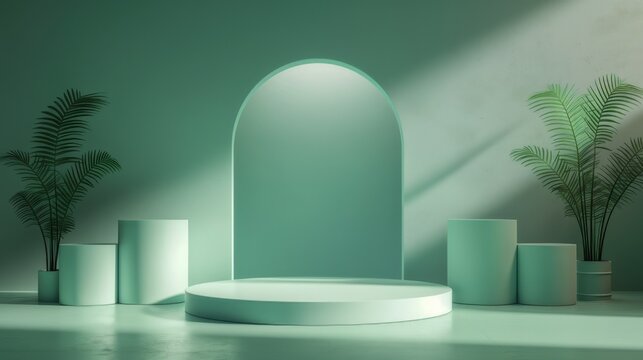 Blue mint podium abstract scene with neon white ring. Empty stage minimalistic design background. Stand product showcase on green background with tree Christmas. - Powered by Adobe