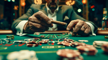 A man sits at a roulette table in a casino, holding a cigar