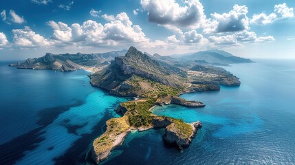 Breathtaking view from above of beautiful island with a backdrop of vast blue ocean and mountains...