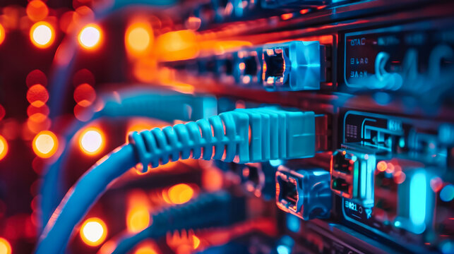 A close-up view of a network server rack with a blue ethernet cable plugged in