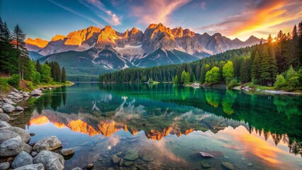 Vibrant summer sunrise illuminates eibsee lake's serene waters, reflecting majestic zugspitze mountain range in the german alps, bavaria, germany, showcasing nature's breathtaking beauty.,hd,8k.