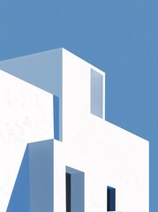 minimalist poster design, movie scene of a white building rooftop with a blue sky