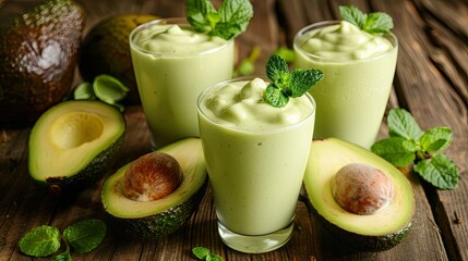 Green avocado smoothie with mint leaves and yogurt on a wooden table