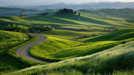 Fototapeta premium Green fields and hills in spring with a highway curving through the landscape