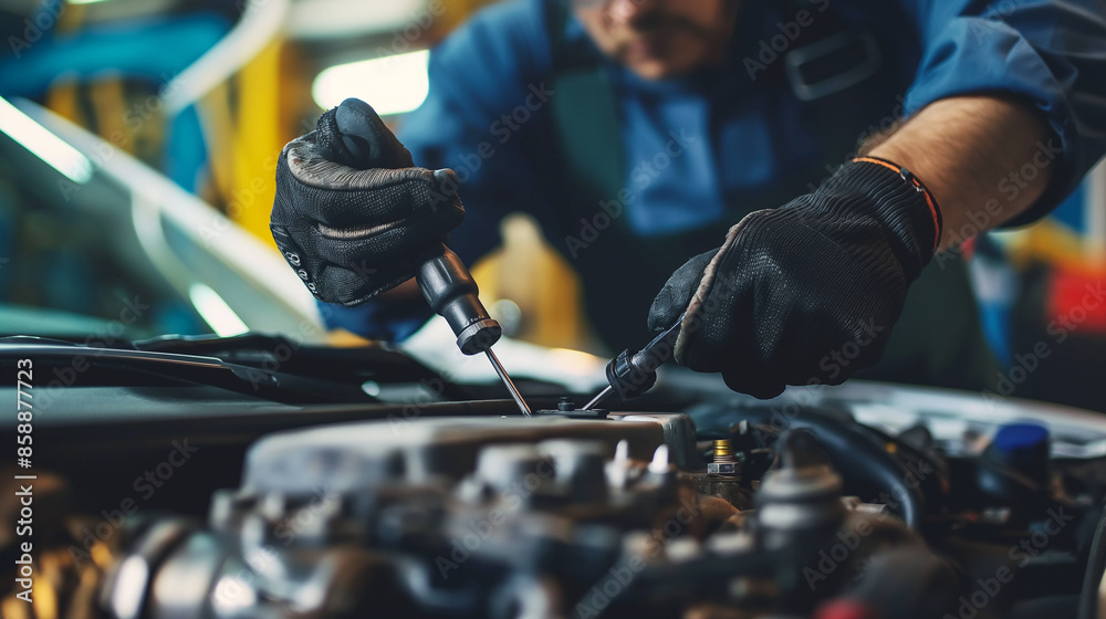 Wall mural Mechanic in overalls holding electric screwdriver and working with car motor in garage