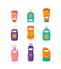 Set of sunscreen bottles with cute funny sun. Cream, lotion to protect skin. Beauty products for face and body skin care with SPF protection