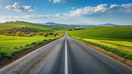 Fototapeta premium Highway beside colorful spring fields and gentle rolling hills