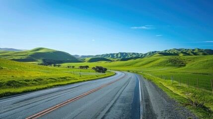 Fototapeta premium Highway beside vibrant green fields and gentle hills under a clear spring sky