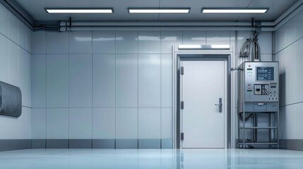 An empty industrial refrigeration room, featuring a large freezer door and a control panel. The rooms tiled walls, bright lighting