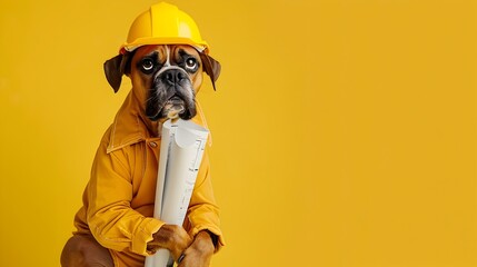Adorable Dog Dressed as Engineer with Hard Hat and Blueprints on Plain Yellow Background