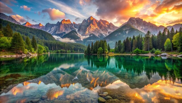 Serenene morning scenery of fusine lake mirroring vibrant summer sunrise hues with majestic mangart peak backdrop in julian alps, italy.,hd,8k.