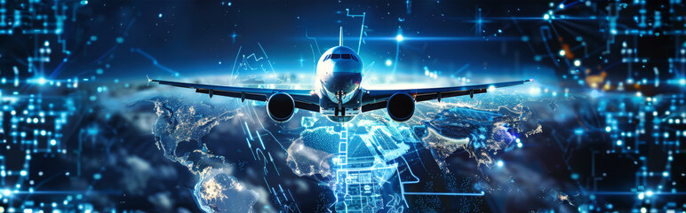 A futuristic plane flies through a digital landscape, its sleek design and advanced technology creating a sense of wonder and innovation