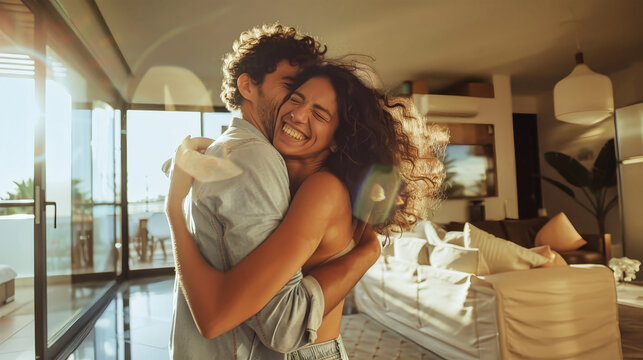 A joyous couple embraces in their new home, celebrating the exciting chapter of homeownership - Powered by Adobe