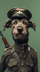 Heroic Canine Soldier A Dog in Military Uniform Holding Rifle on Plain Green Background