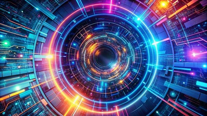 Obraz premium Futuristic digital vortex swirling with vibrant neon lights, circuits, and code, evoking innovation, network connectivity, and futuristic computing in a mesmerizing, high-tech atmosphere.,hd,8k.