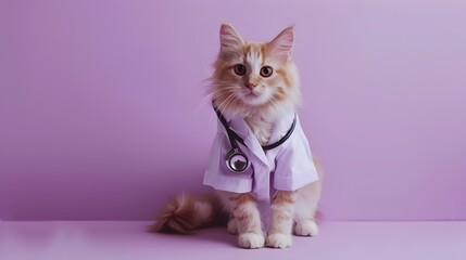 Adorable Cat Wearing Doctor s Uniform with Stethoscope on Plain Purple Background