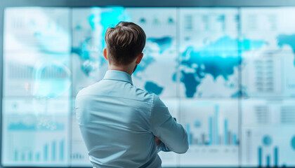 Back view of a professional analyzing global data and statistics on multiple screens in a modern office environment.