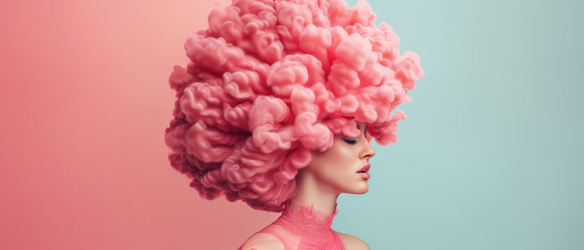 A surreal portrait of a woman with an extravagant pink cloud-like hairstyle set against a pastel pink and blue background.