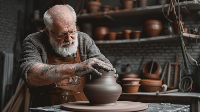 Senior potter crafting ceramic vase in workshop