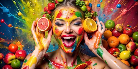 Woman Covered in Paint and Fruits, Vibrant and Joyful