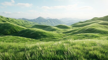 Naklejka premium Smooth short grass texture on hills with a distant mountain view