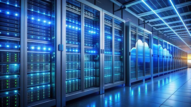 Rack server cabinet with cloud server icon and visualization in a modern data center, illuminated with soft blue light, rows of humming servers in background.,hd,8k.