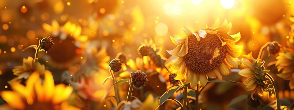 Yellow sunflower field with golden sunset view background. Sunflowers in full bloom and the sun shining brightly create a warm and inviting atmosphere