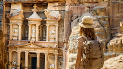 Fototapeta premium Tourist woman in casual attire mesmerized by ancient archaeological sites
