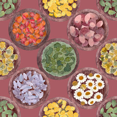 Herbal shop stand. Herbs, plants on plates seamless pattern. Hand painted Lemon balm, chamomile, rose hips, tansy, lavender watercolor art on pink clay background. Great for packages, tea, infusions