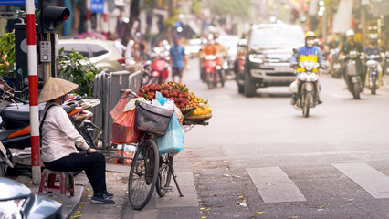 A Vietnamese street vendor woman uses bicycle as mobile fruit stall along a road