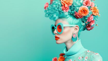 Vibrant woman with turquoise hair and floral accessories, wearing stylish sunglasses and red lipstick. Modern fashion and artistic expression.