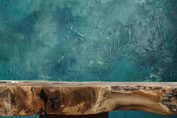 A rustic wooden countertop showcasing natural grains on a serene teal background.