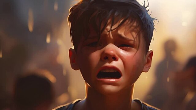 A boy from a dysfunctional family cries loudly alone on the street	

