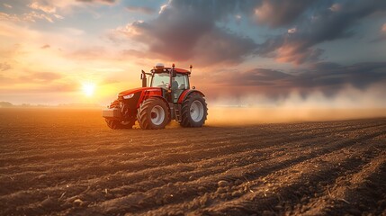 Fototapeta premium Tractor driving through a plowed field at sunset.