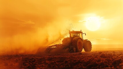 Fototapeta premium Tractor working a field at sunset, dust cloud in the air.