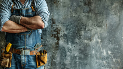 A worker in blue overalls and a tool belt stands against a rough concrete wall, arms crossed, ready for a day of hard work