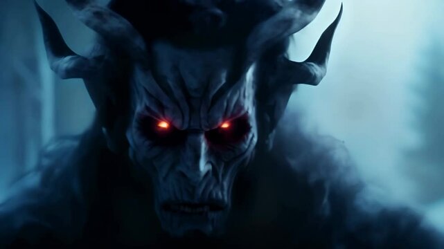 A frightening scary monster werewolf with red eyes stands at midnight in the winter forest	
