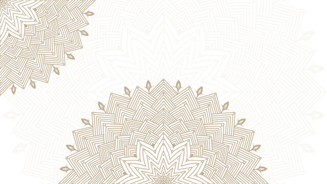 Round mandala on dreamy gold gradient background. Translucent mesh pattern in the form of a mandala. Mandala with floral patterns. Pastel Yoga template. Gradient background with round mandala.