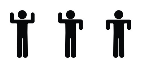 stick figure man icon, hand gestures, hands up and down