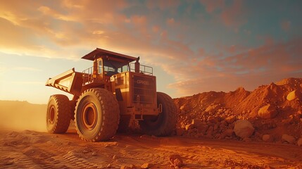 Fototapeta premium Large yellow mining truck in a quarry at sunset.