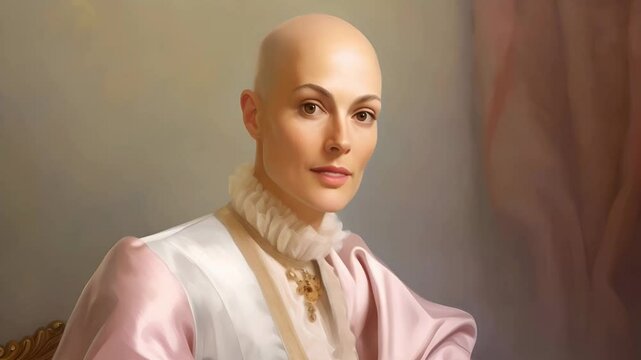 Portrait of a young attractive bald woman in a retro dress